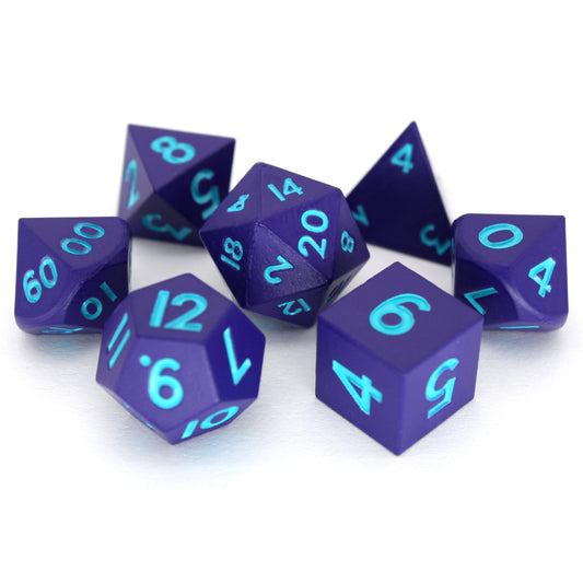 Tricksters is a 7-piece set of matte, purple colored 10mm metal dice with bright blue inking.