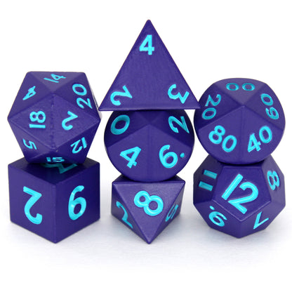 Tricksters is a 7-piece set of matte, purple colored 10mm metal dice with bright blue inking.
