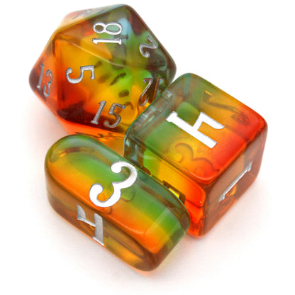 Tropical Paradice is a 10-piece set of translucent, multicolored acrylic dice.