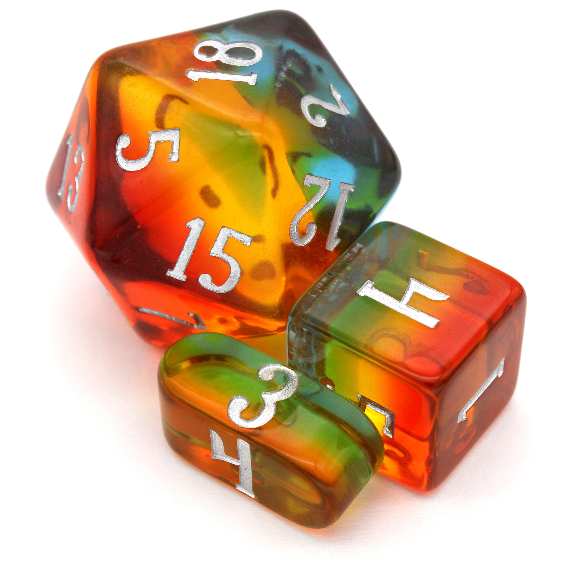 Tropical Paradice is a 10-piece set of translucent, multicolored acrylic dice.