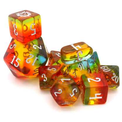 Tropical Paradice is a 10-piece set of translucent, multicolored acrylic dice.