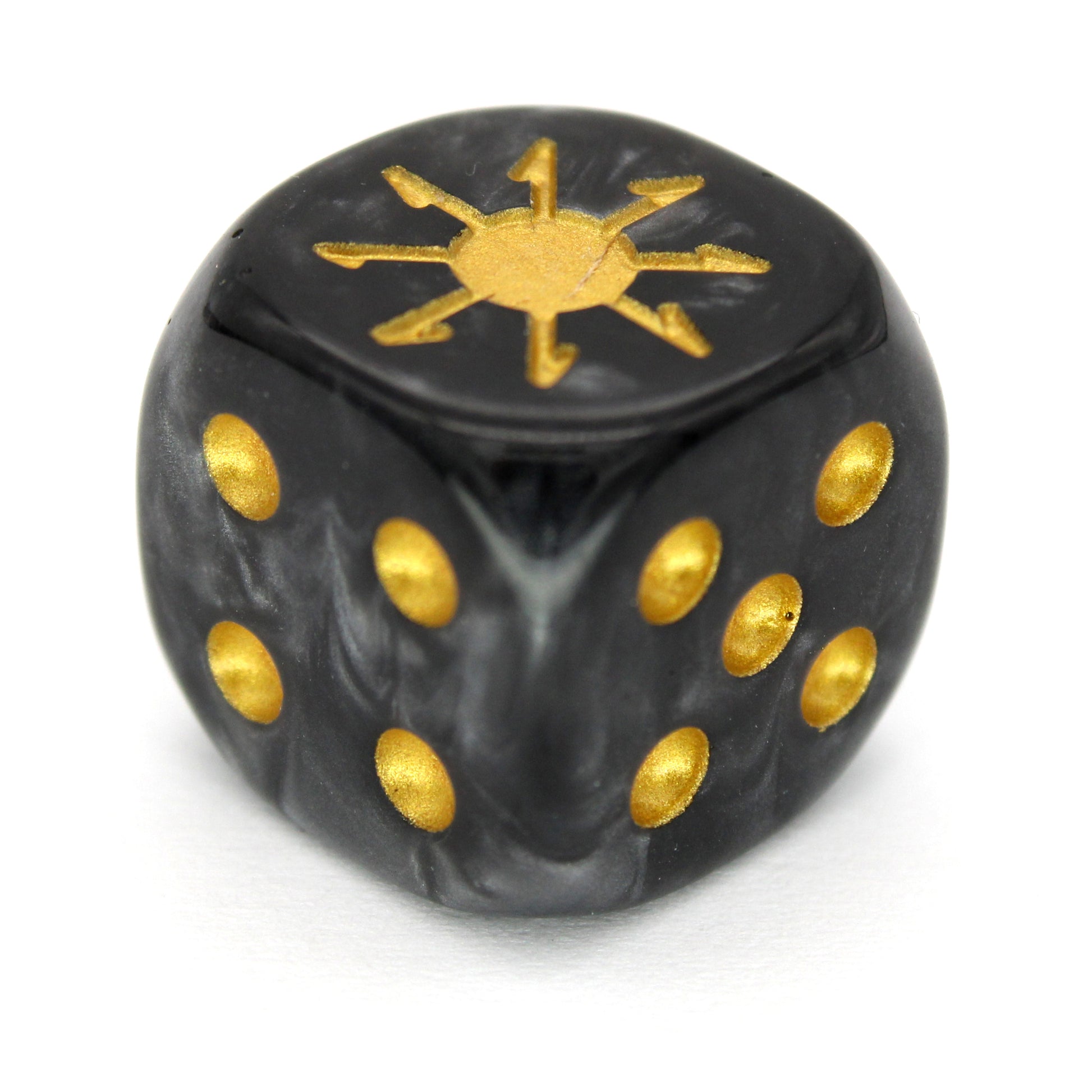 War Chaos (Dark) is a 10-piece set of 16mm polymer d6s in heavy metal blacks, with pips and burst engraving in gold ink. It is part of our Fantasy Squads series of dice for miniature wargaming.