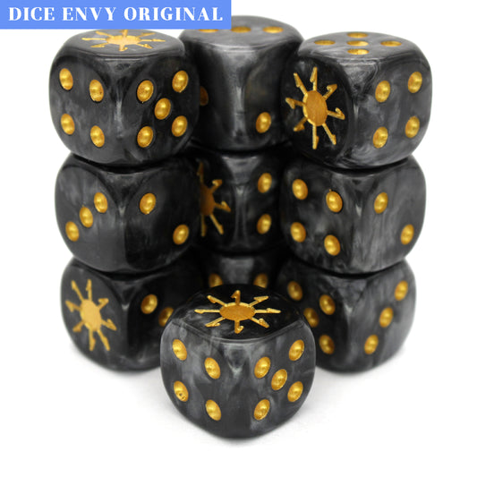War Chaos (Dark) is a 10-piece set of 16mm polymer d6s in heavy metal blacks, with pips and burst engraving in gold ink. It is part of our Fantasy Squads series of dice for miniature wargaming.