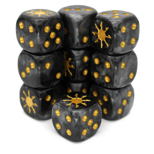 War Chaos (Dark) is a 10-piece set of 16mm polymer d6s in heavy metal blacks, with pips and burst engraving in gold ink. It is part of our Fantasy Squads series of dice for miniature wargaming.