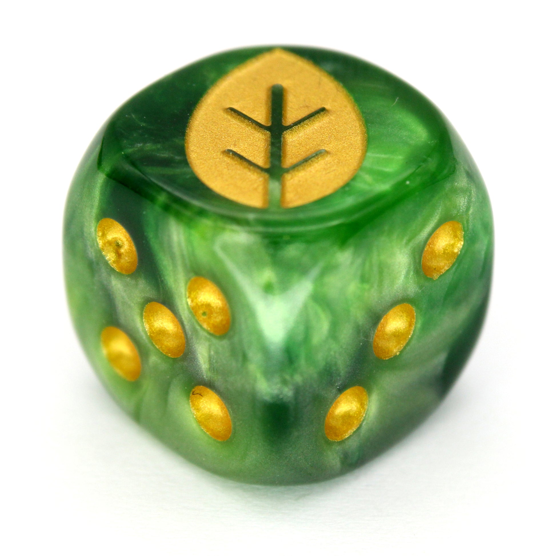 War Growth (Glade) is a 10-piece set of 16mm polymer d6s in verdant greens, with pips and leaf engraving in gold ink. It is part of our Fantasy Squads series of dice for miniature wargaming.