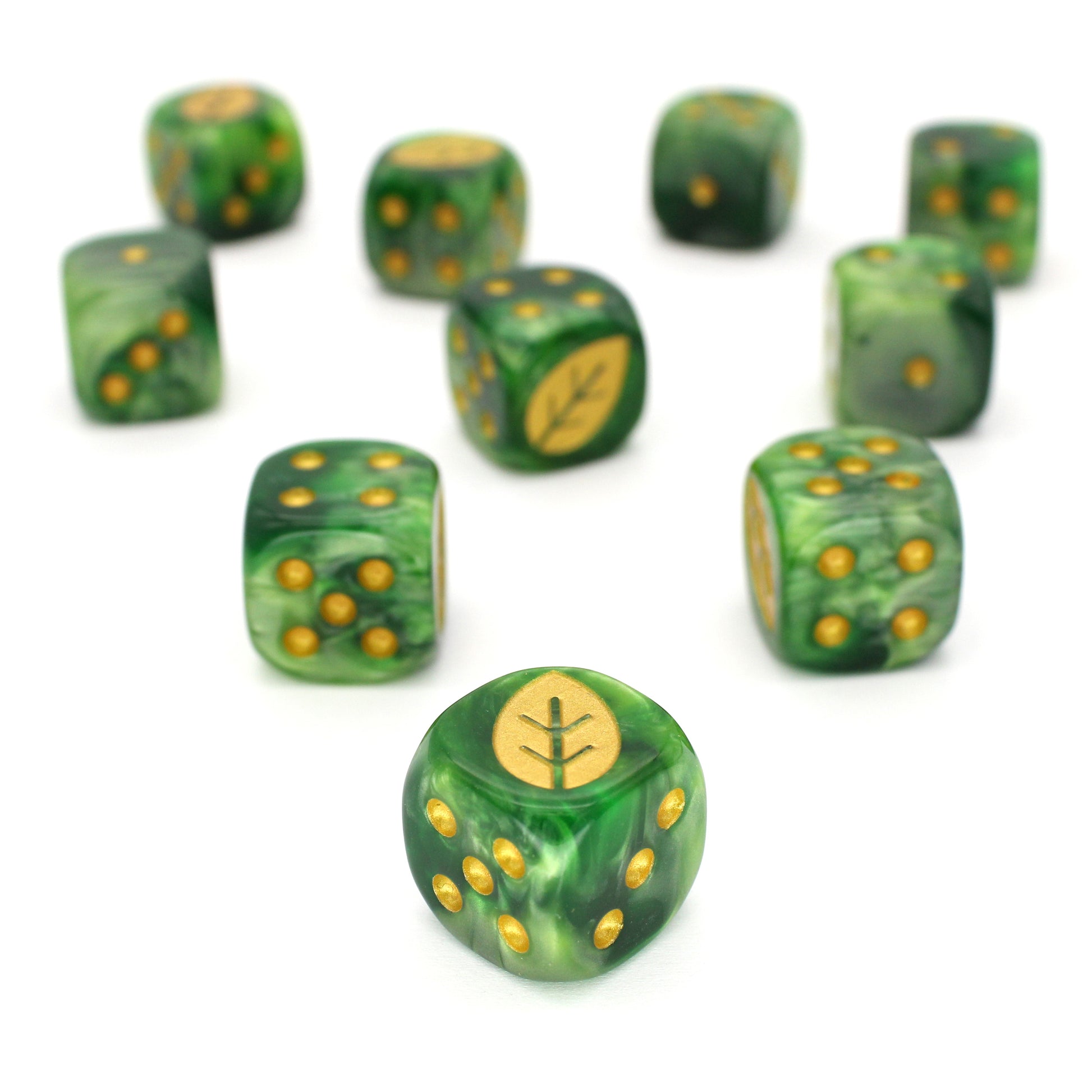 War Growth (Glade) is a 10-piece set of 16mm polymer d6s in verdant greens, with pips and leaf engraving in gold ink. It is part of our Fantasy Squads series of dice for miniature wargaming.