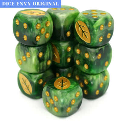 War Growth (Glade) is a 10-piece set of 16mm polymer d6s in verdant greens, with pips and leaf engraving in gold ink. It is part of our Fantasy Squads series of dice for miniature wargaming.
