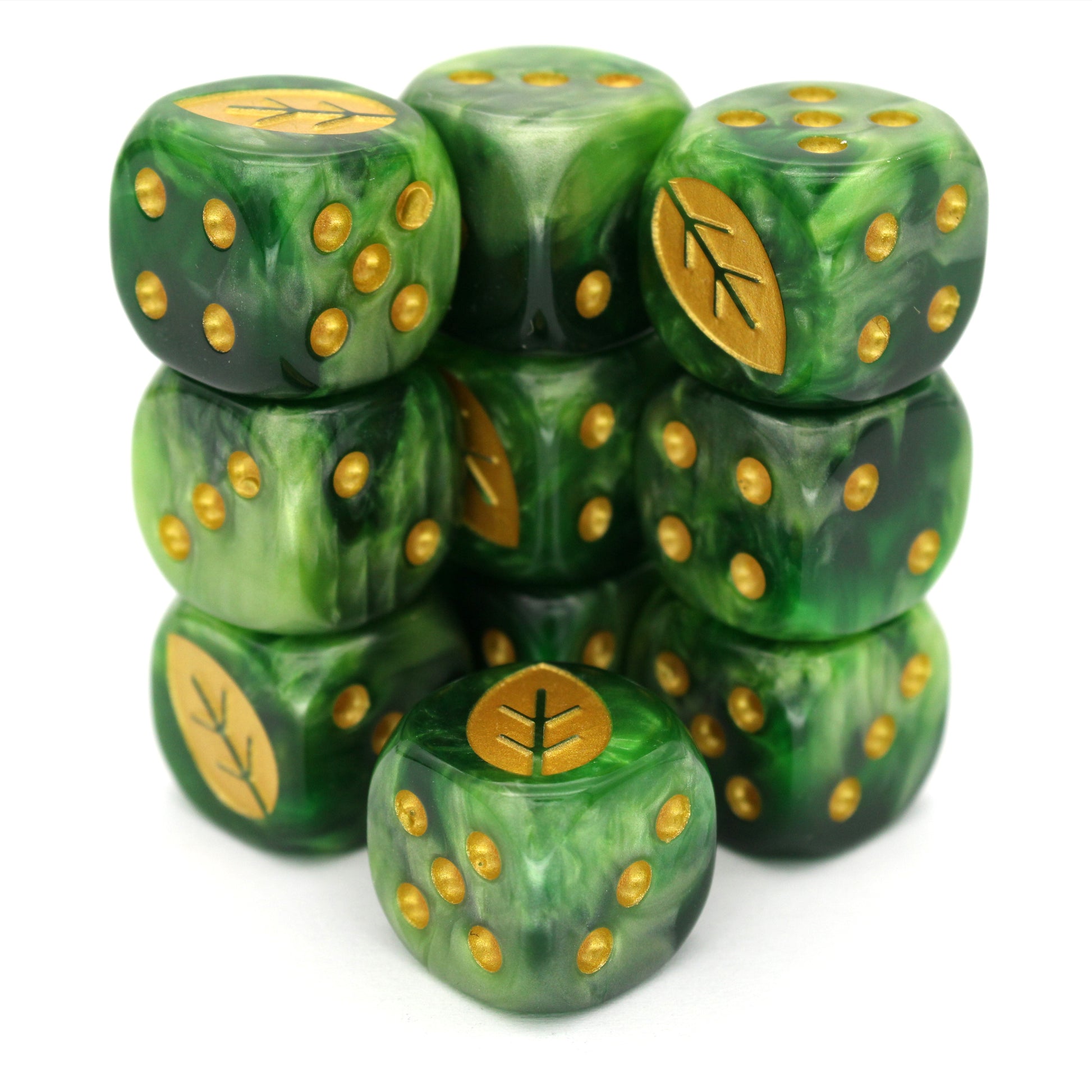 War Growth (Glade) is a 10-piece set of 16mm polymer d6s in verdant greens, with pips and leaf engraving in gold ink. It is part of our Fantasy Squads series of dice for miniature wargaming.