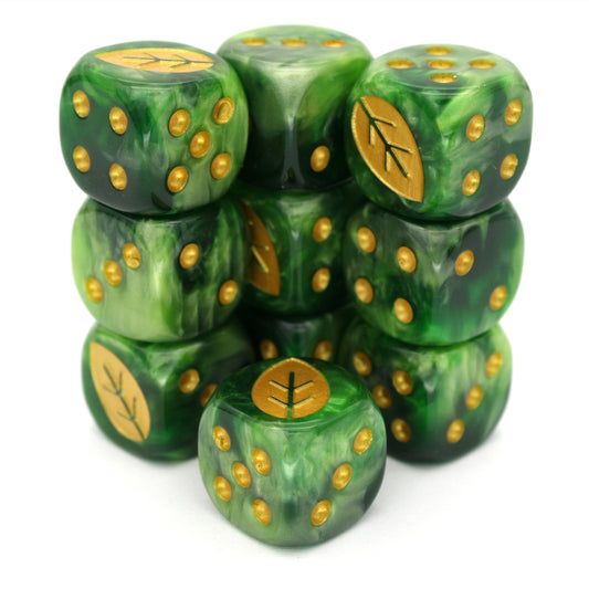 War Growth (Glade) is a 10-piece set of 16mm polymer d6s in verdant greens, with pips and leaf engraving in gold ink. It is part of our Fantasy Squads series of dice for miniature wargaming.