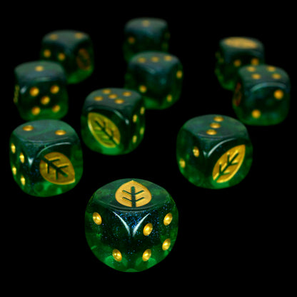 War Growth (Kelp) is a 10-piece set of 16mm acrylic d6s in transparent green, filled with glistening blue glitter, with pips and leaf engraving in gold ink.