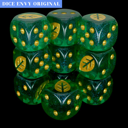 War Growth (Kelp) is a 10-piece set of 16mm acrylic d6s in transparent green, filled with glistening blue glitter, with pips and leaf engraving in gold ink.