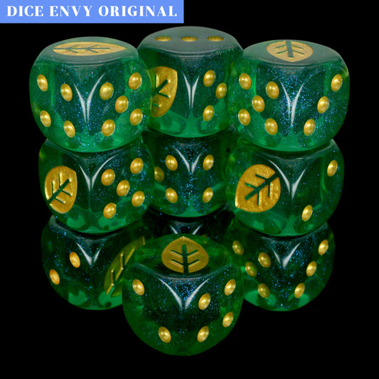 War Growth (Kelp) is a 10-piece set of 16mm acrylic d6s in transparent green, filled with glistening blue glitter, with pips and leaf engraving in gold ink.