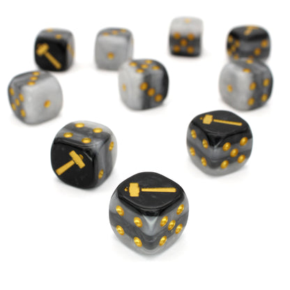 War Hammer (Flint) is a 10-piece set of 16mm polymer d6s in layered granite greys, with pips and hammer engraving in gold ink. It is part of our Fantasy Squads series of dice for miniature wargaming.