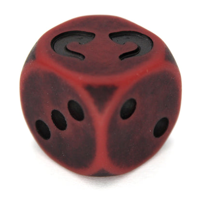  War Horns (Blood) is a 10-piece set of 16mm polymer d6s in beastly red, with pips and horn engraving in black ink. It is part of our Fantasy Squads series of dice for miniature wargaming.