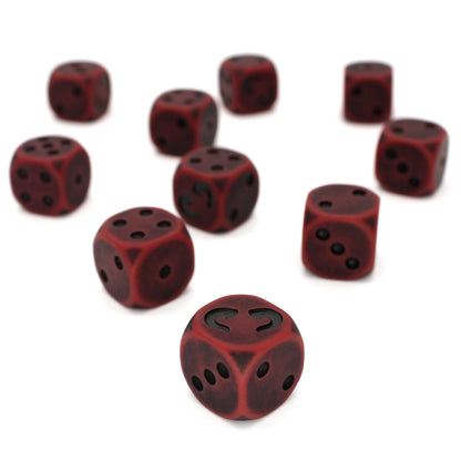 War Horns (Blood) is a 10-piece set of 16mm polymer d6s in beastly red, with pips and horn engraving in black ink. It is part of our Fantasy Squads series of dice for miniature wargaming.