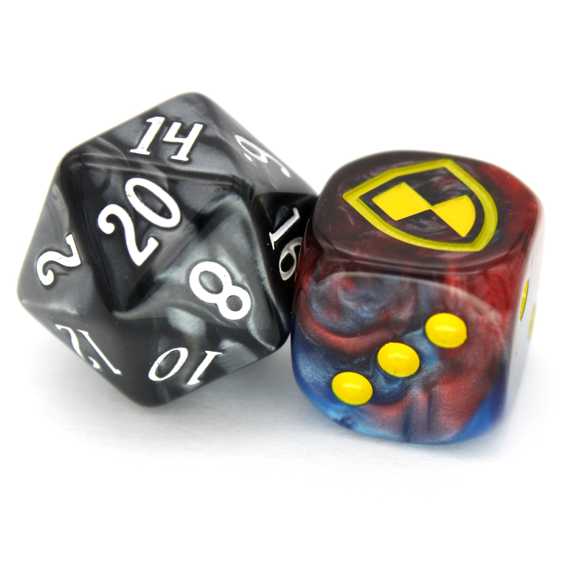 War Shield (Empire) is a 10-piece set of 16mm polymer d6s in red and blue, with pips and shield engraving in yellow ink. It is part of our Fantasy Squads series of dice for miniature wargaming.