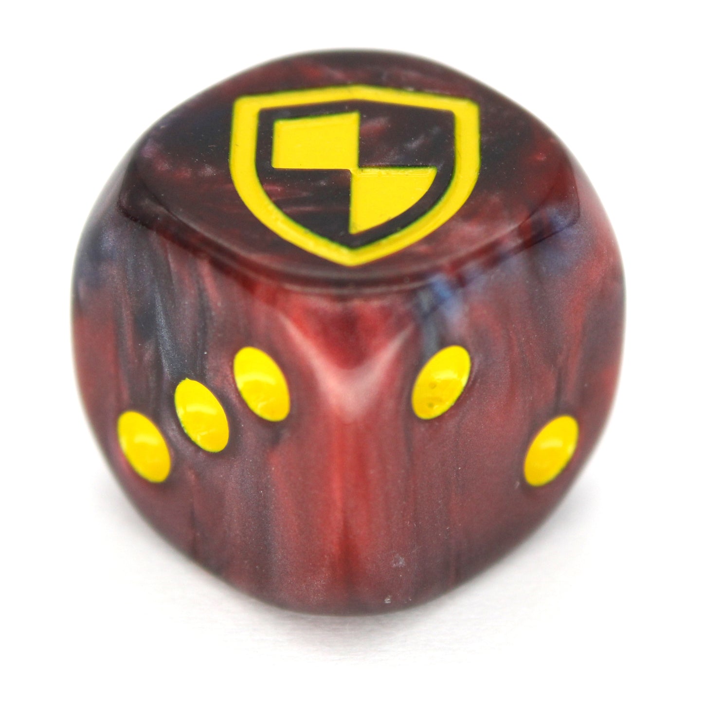 War Shield (Empire) is a 10-piece set of 16mm polymer d6s in red and blue, with pips and shield engraving in yellow ink. It is part of our Fantasy Squads series of dice for miniature wargaming.