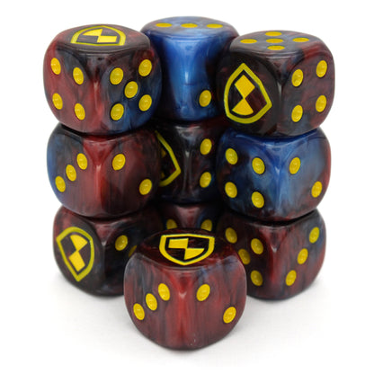 War Shield (Empire) is a 10-piece set of 16mm polymer d6s in red and blue, with pips and shield engraving in yellow ink. It is part of our Fantasy Squads series of dice for miniature wargaming.