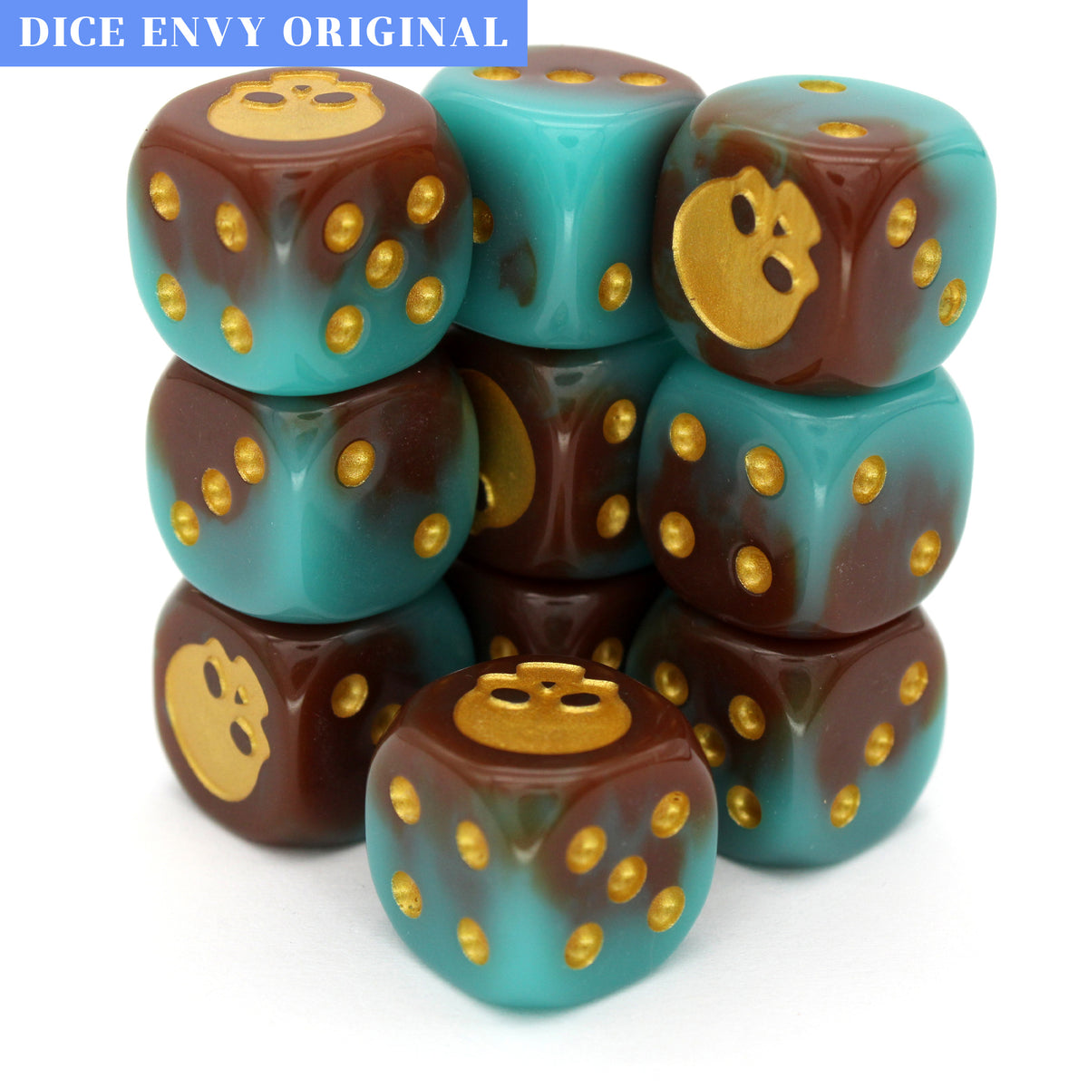War Skull (Necro) is a 10-piece set of 16mm polymer d6s in arcane teal and mud brown, with pips and skull engraving in gold ink. It is part of our Fantasy Squads series of dice for miniature wargaming.