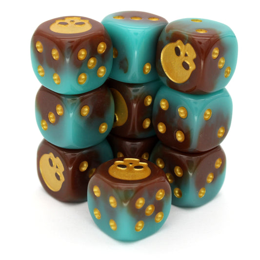 War Skull (Necro) is a 10-piece set of 16mm polymer d6s in arcane teal and mud brown, with pips and skull engraving in gold ink. It is part of our Fantasy Squads series of dice for miniature wargaming.