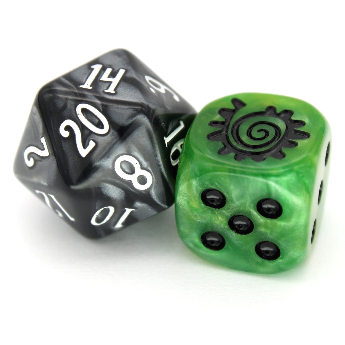 War Spiral (Sick) is a 10-piece set of 16mm polymer d6s in goblin green, with pips and spiral engraving in black ink. It is part of our Fantasy Squads series of dice for miniature wargaming.