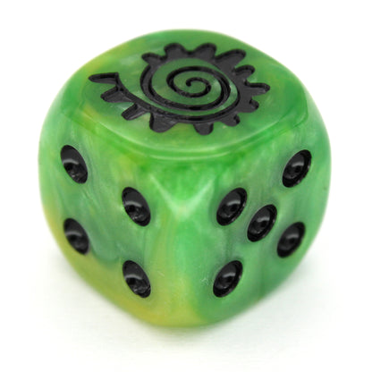 War Spiral (Sick) is a 10-piece set of 16mm polymer d6s in goblin green, with pips and spiral engraving in black ink. It is part of our Fantasy Squads series of dice for miniature wargaming.