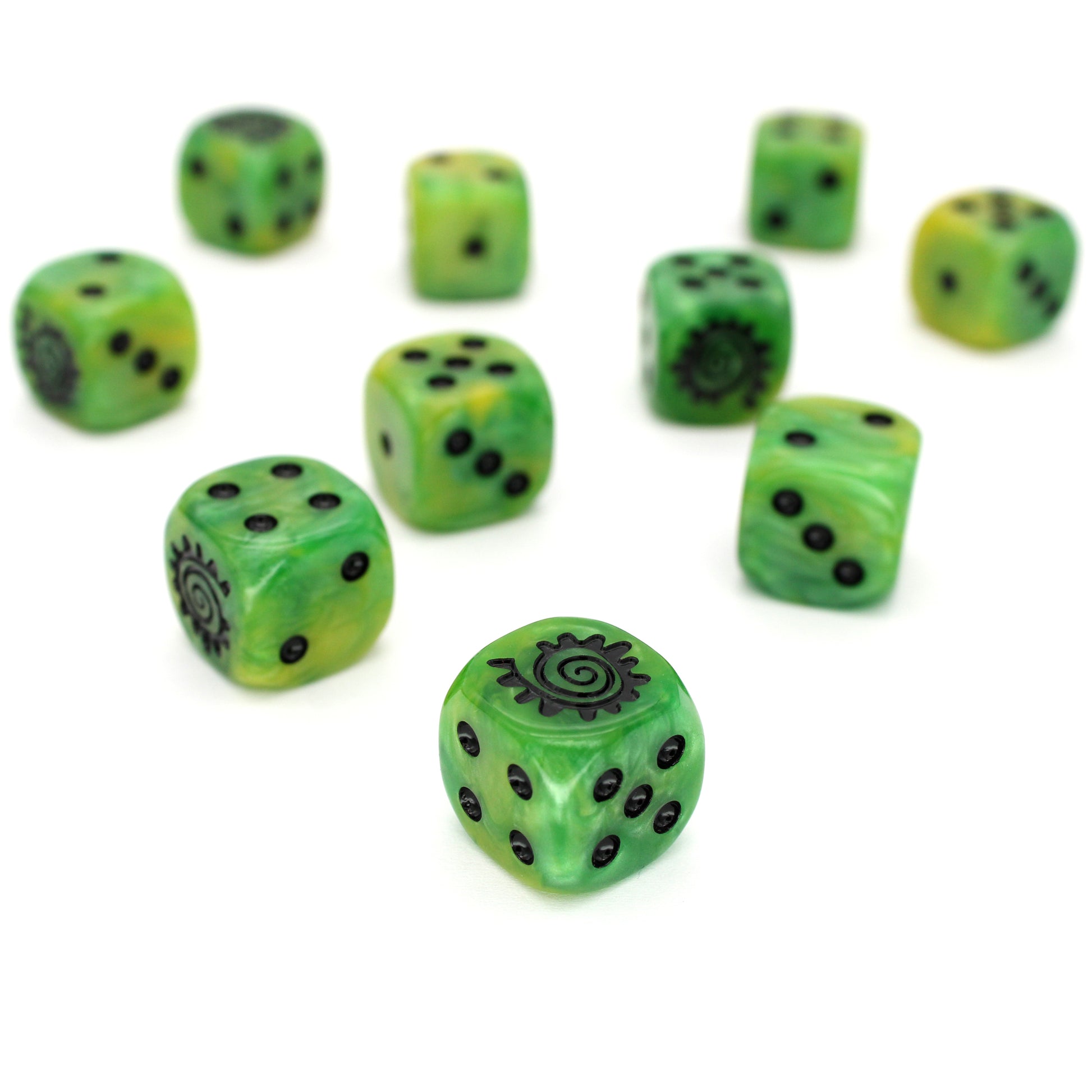 War Spiral (Sick) is a 10-piece set of 16mm polymer d6s in goblin green, with pips and spiral engraving in black ink. It is part of our Fantasy Squads series of dice for miniature wargaming.