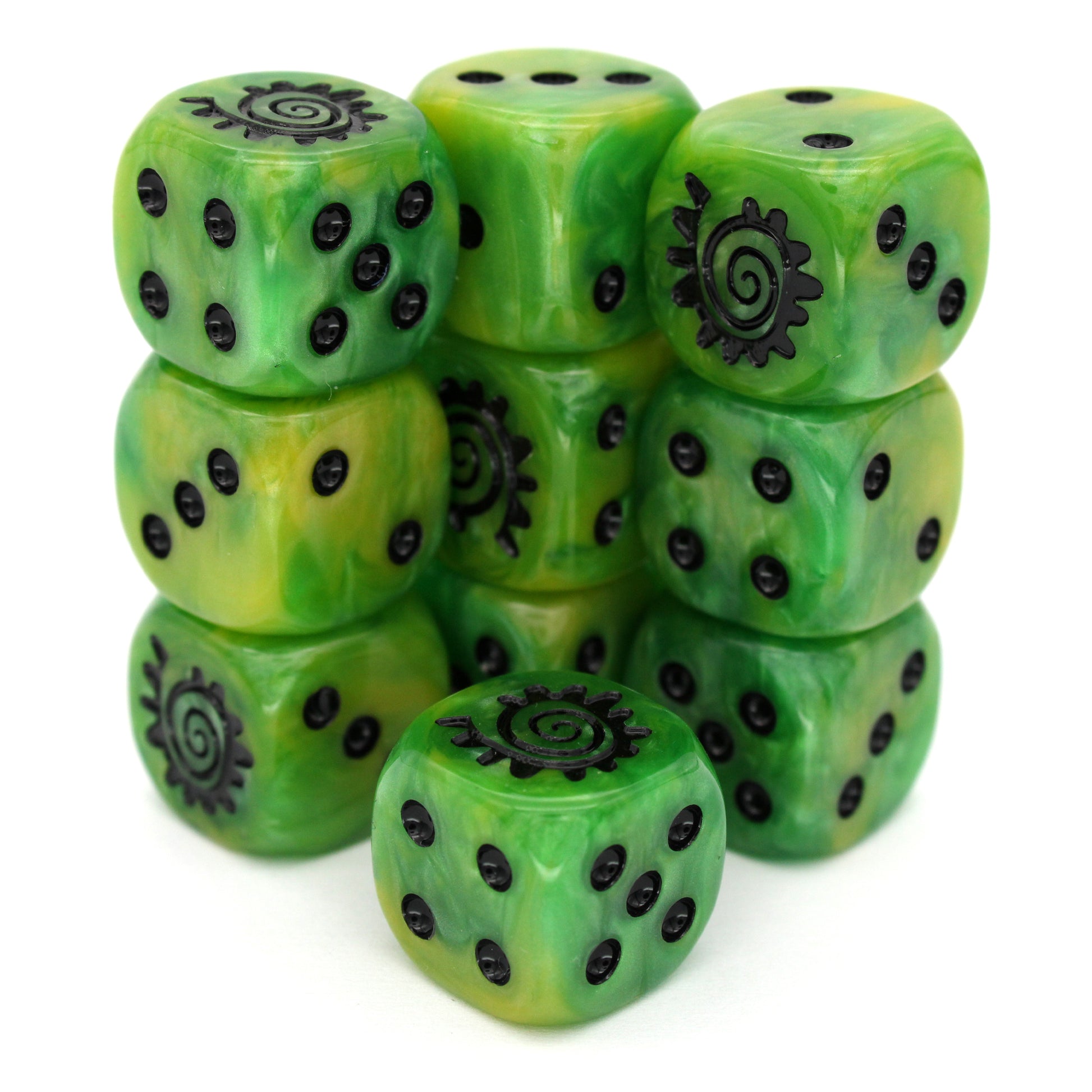 War Spiral (Sick) is a 10-piece set of 16mm polymer d6s in goblin green, with pips and spiral engraving in black ink. It is part of our Fantasy Squads series of dice for miniature wargaming.