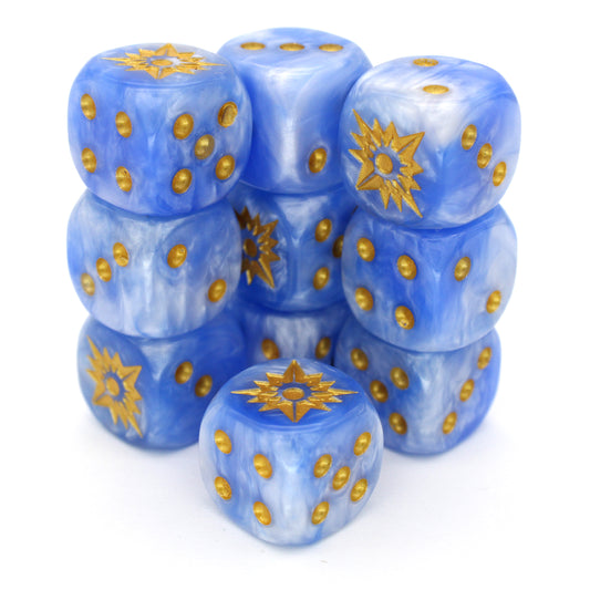 War Star (Sky) is a 10-piece set of 16mm polymer d6s in ethereal blue, with pips and starburst engraving in gold ink. It is part of our Fantasy Squads series of dice for miniature wargaming.