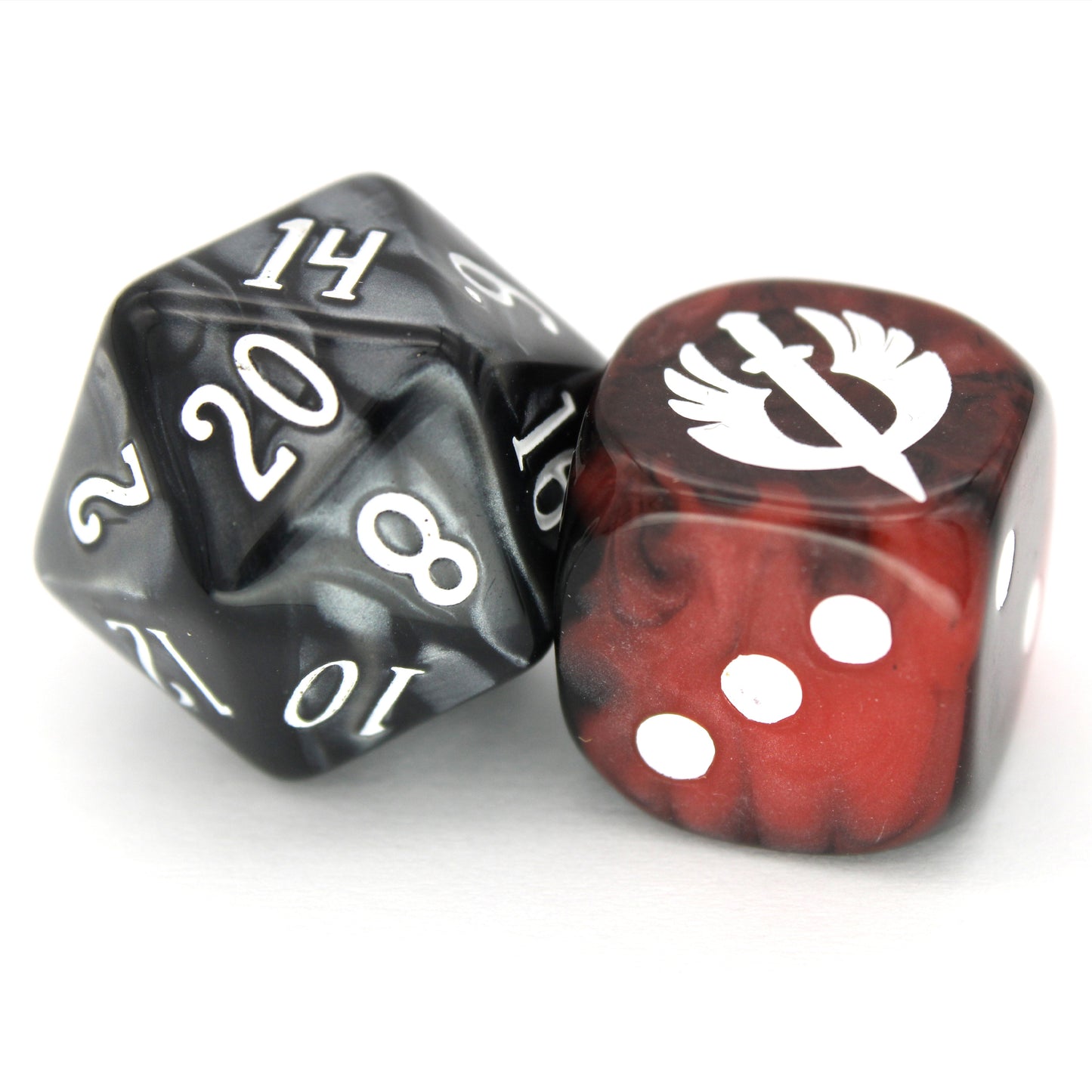 War Sword (Regal) is a 10-piece set of 16mm polymer d6s in noble red, with pips and winged sword engraving in white ink. It is part of our Fantasy Squads series of dice for miniature wargaming.