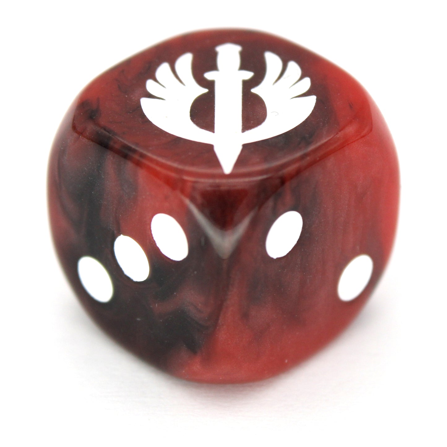 War Sword (Regal) is a 10-piece set of 16mm polymer d6s in noble red, with pips and winged sword engraving in white ink. It is part of our Fantasy Squads series of dice for miniature wargaming.