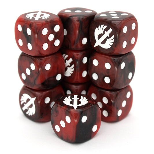 War Sword (Regal) is a 10-piece set of 16mm polymer d6s in noble red, with pips and winged sword engraving in white ink. It is part of our Fantasy Squads series of dice for miniature wargaming.