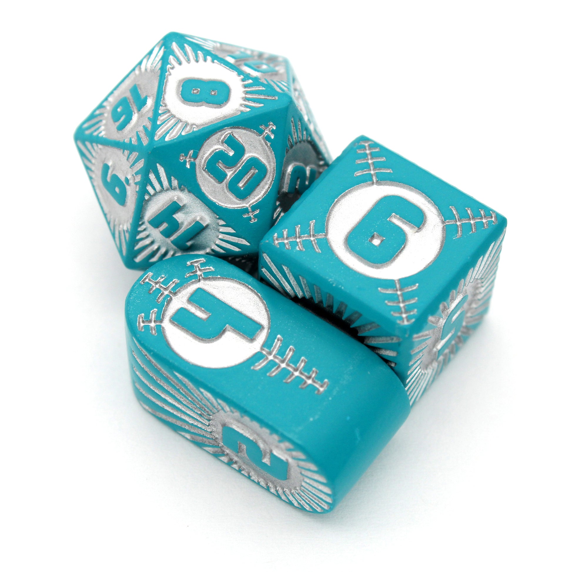 Warp Speed Delta is an 8-piece Dice Envy Exclusive metal set in matte teal with silver ink, featuring our original Alpha design, brought to you for the first time in metal!