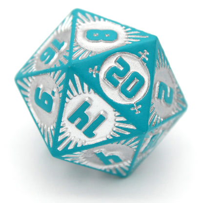 Warp Speed Delta is an 8-piece Dice Envy Exclusive metal set in matte teal with silver ink, featuring our original Alpha design, brought to you for the first time in metal!