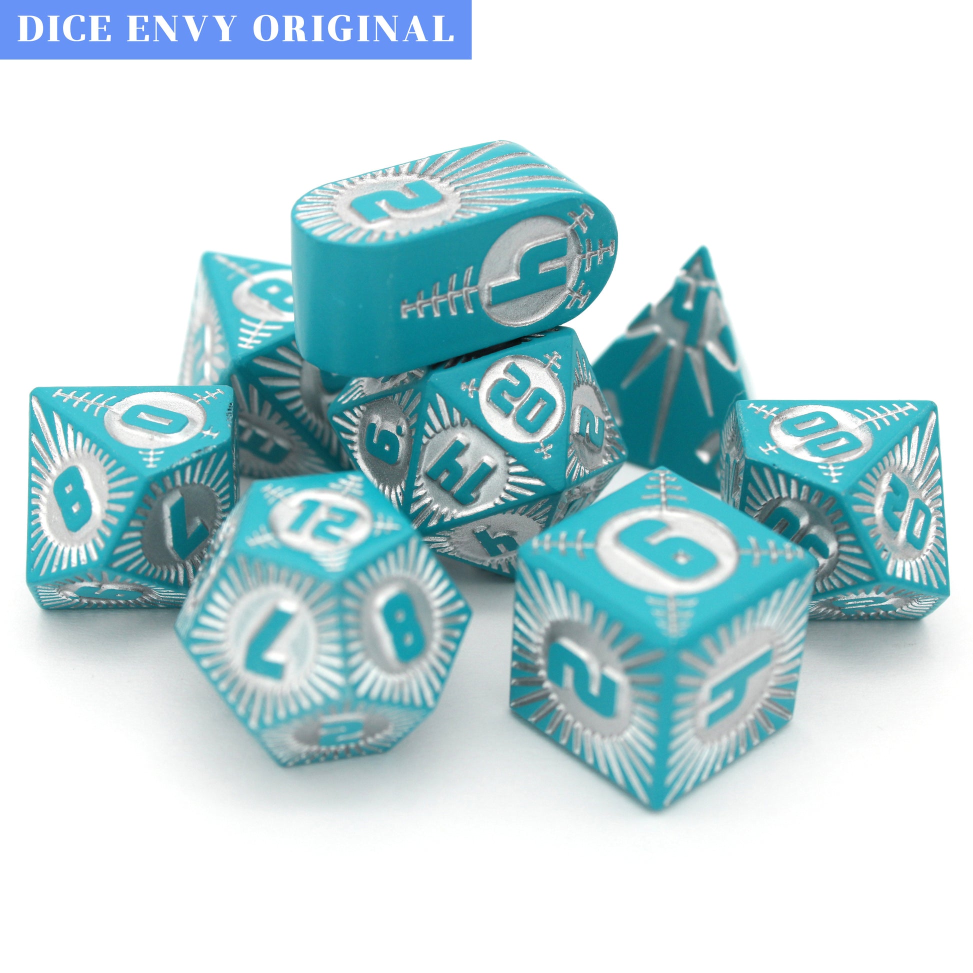 Warp Speed Delta is an 8-piece Dice Envy Exclusive metal set in matte teal with silver ink, featuring our original Alpha design, brought to you for the first time in metal!