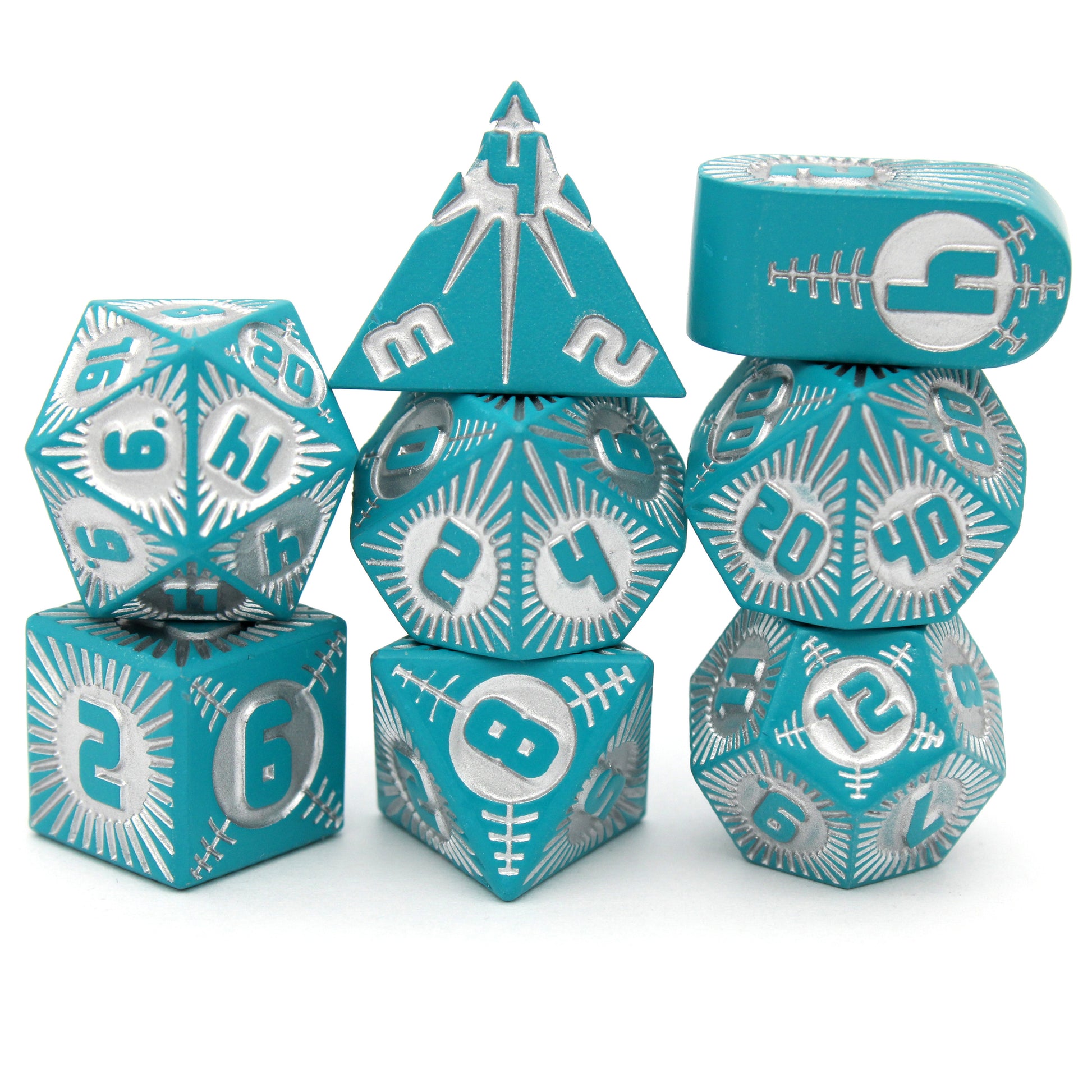 Warp Speed Delta is an 8-piece Dice Envy Exclusive metal set in matte teal with silver ink, featuring our original Alpha design, brought to you for the first time in metal!