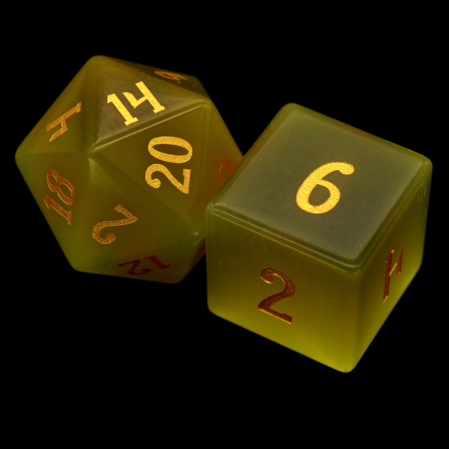 Werecat is a 7-piece set of yellow cat's eye crystal dice with gold numbering.