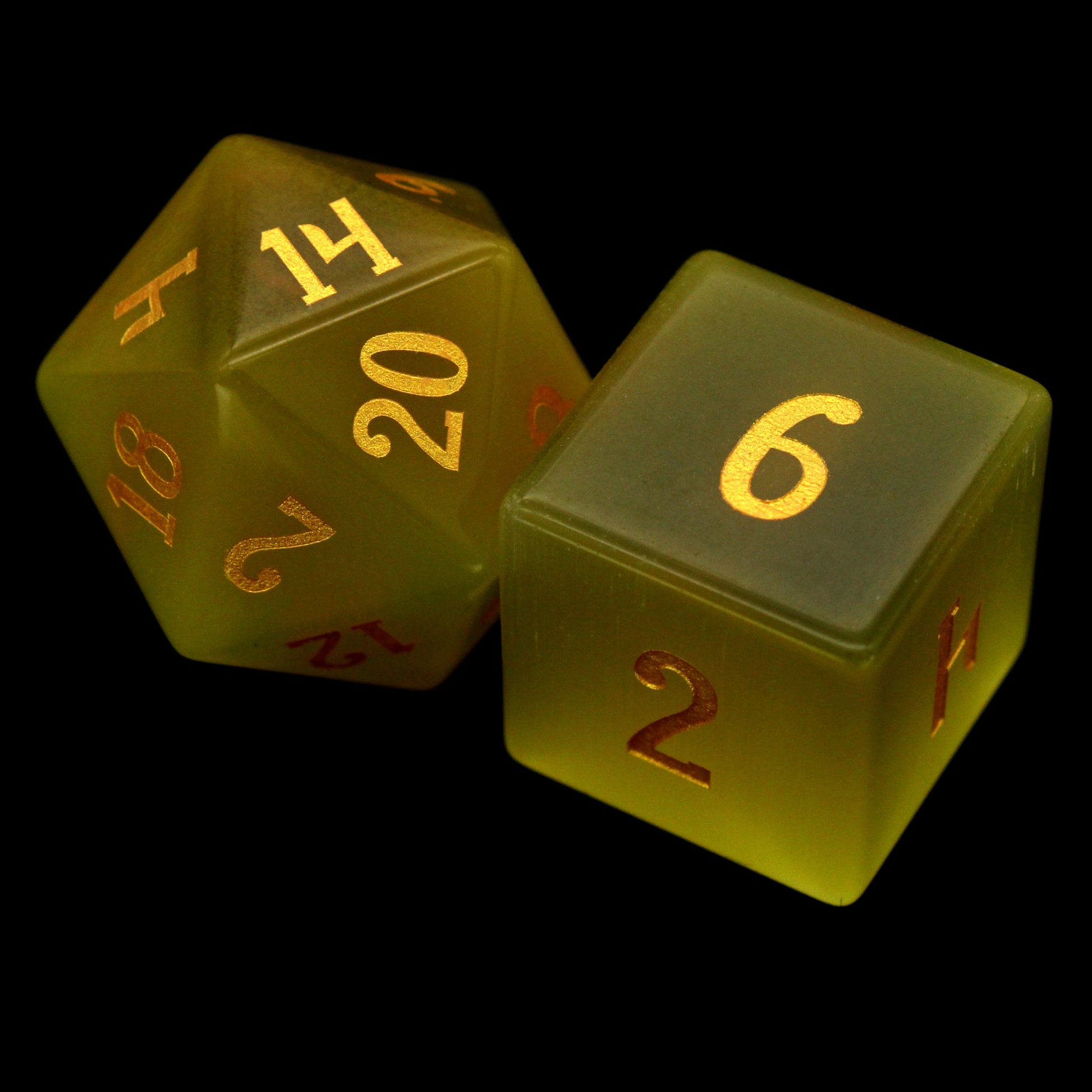 Werecat is a 7-piece set of yellow cat's eye crystal dice with gold numbering.