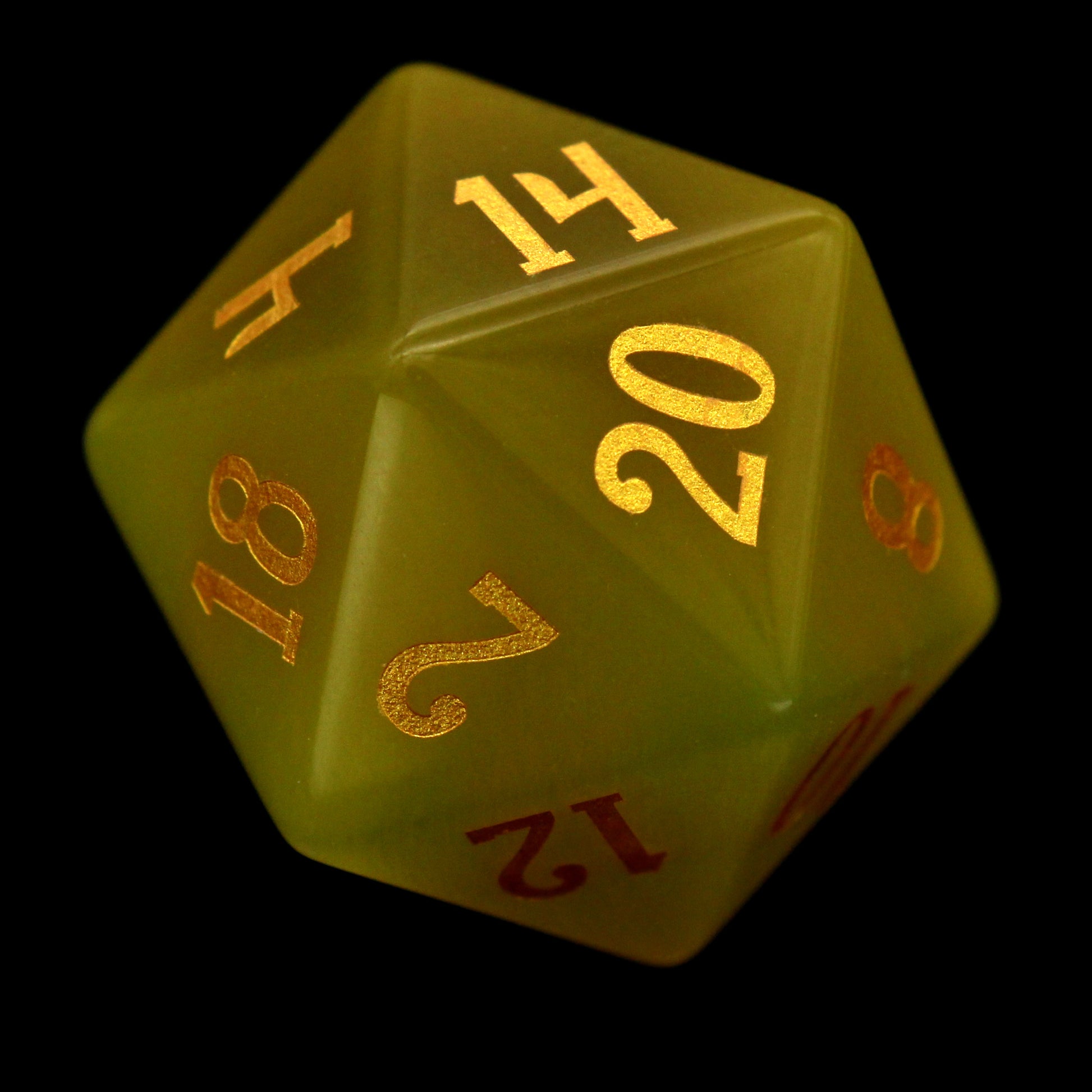 Werecat is a 7-piece set of yellow cat's eye crystal dice with gold numbering.
