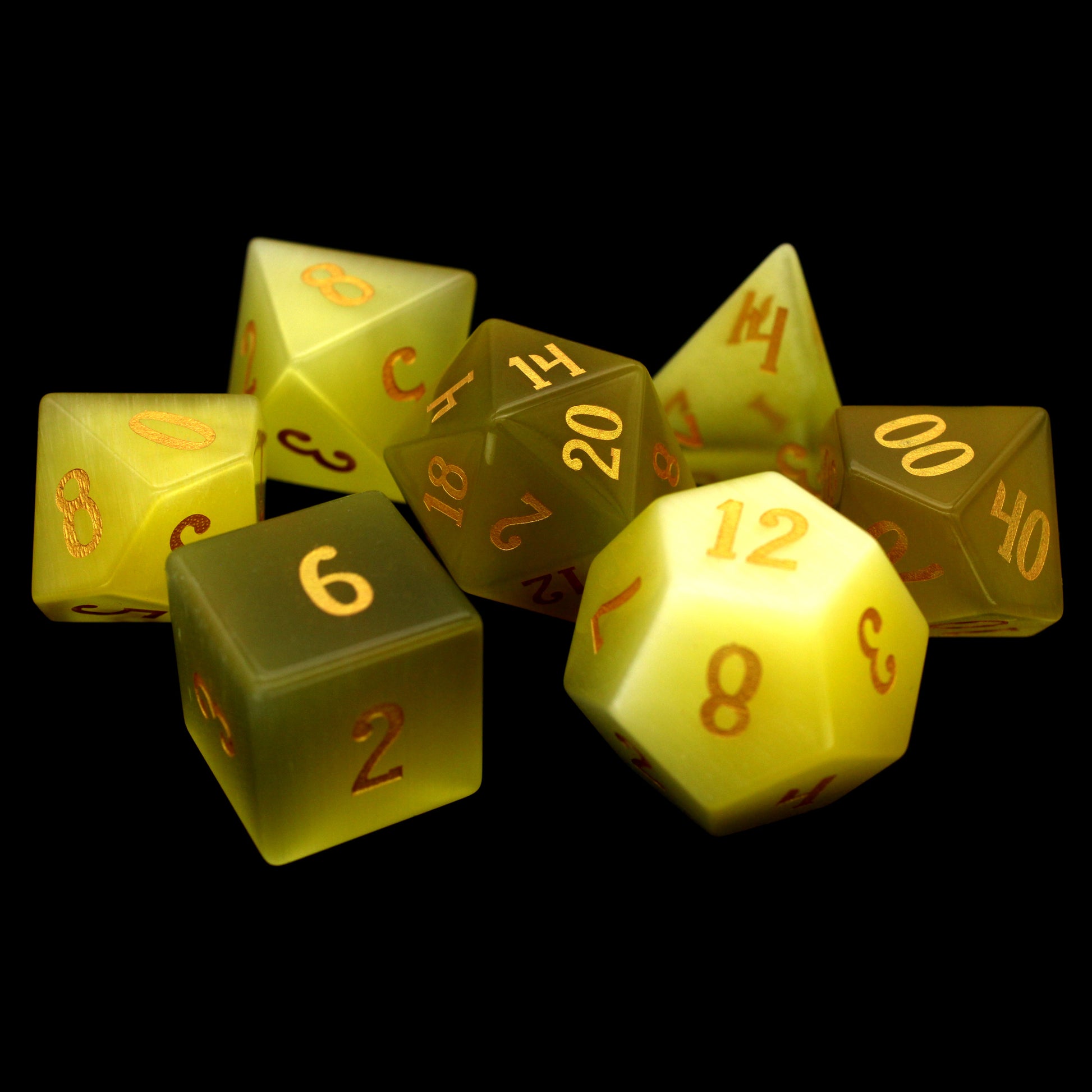 Werecat is a 7-piece set of yellow cat's eye crystal dice with gold numbering.