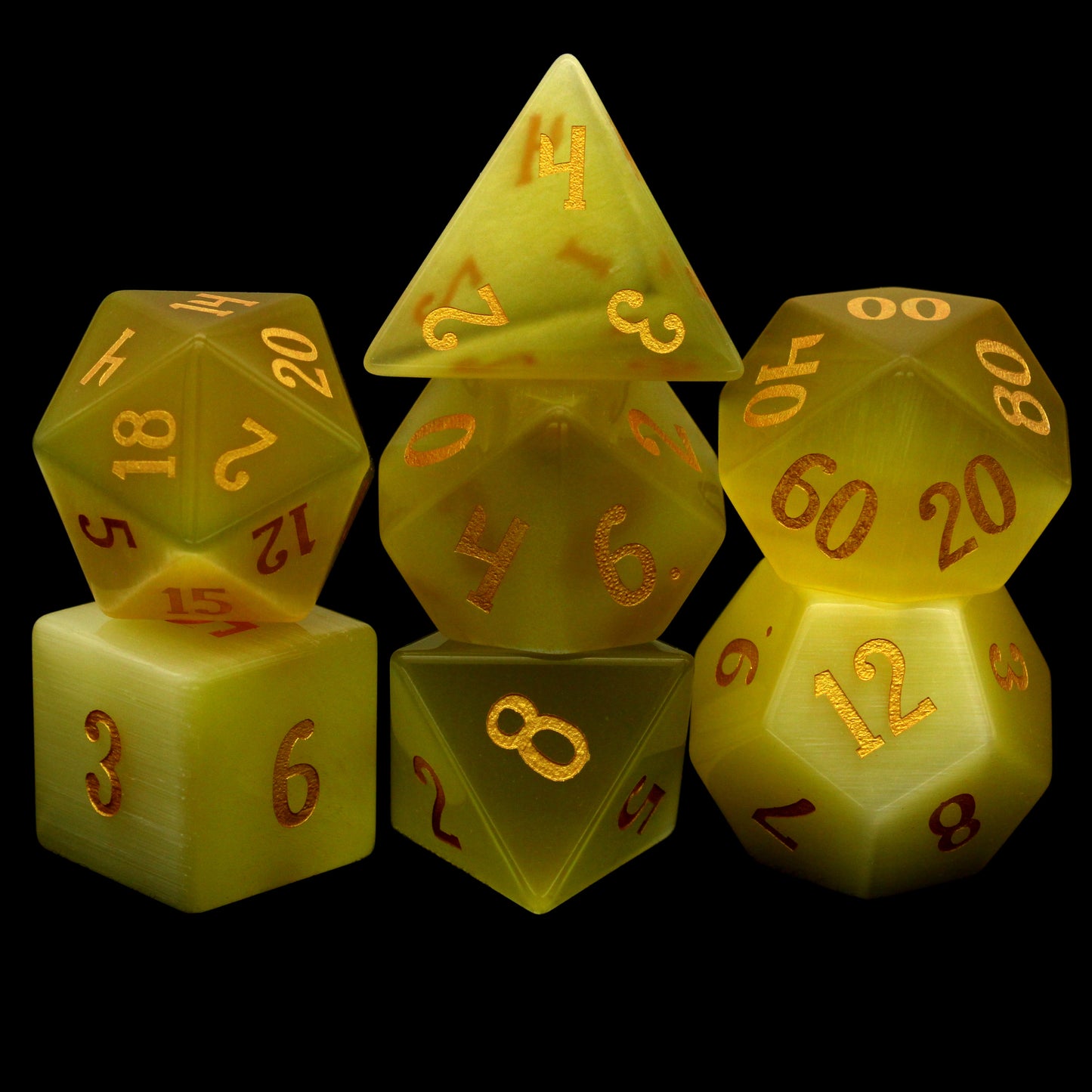 Werecat is a 7-piece set of yellow cat's eye crystal dice with gold numbering.