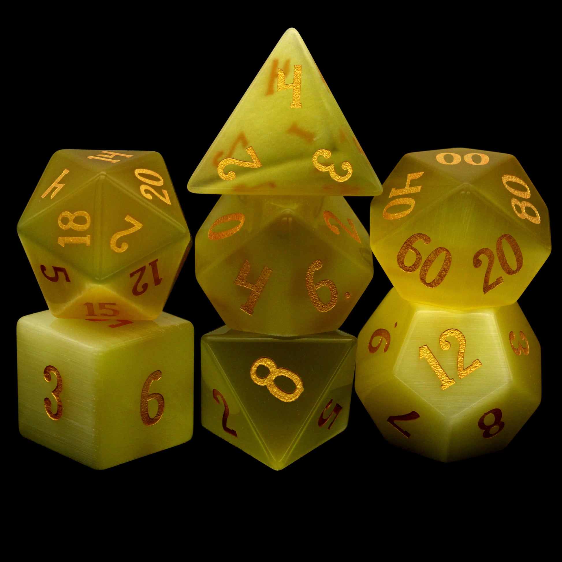 Werecat is a 7-piece set of yellow cat's eye crystal dice with gold numbering.