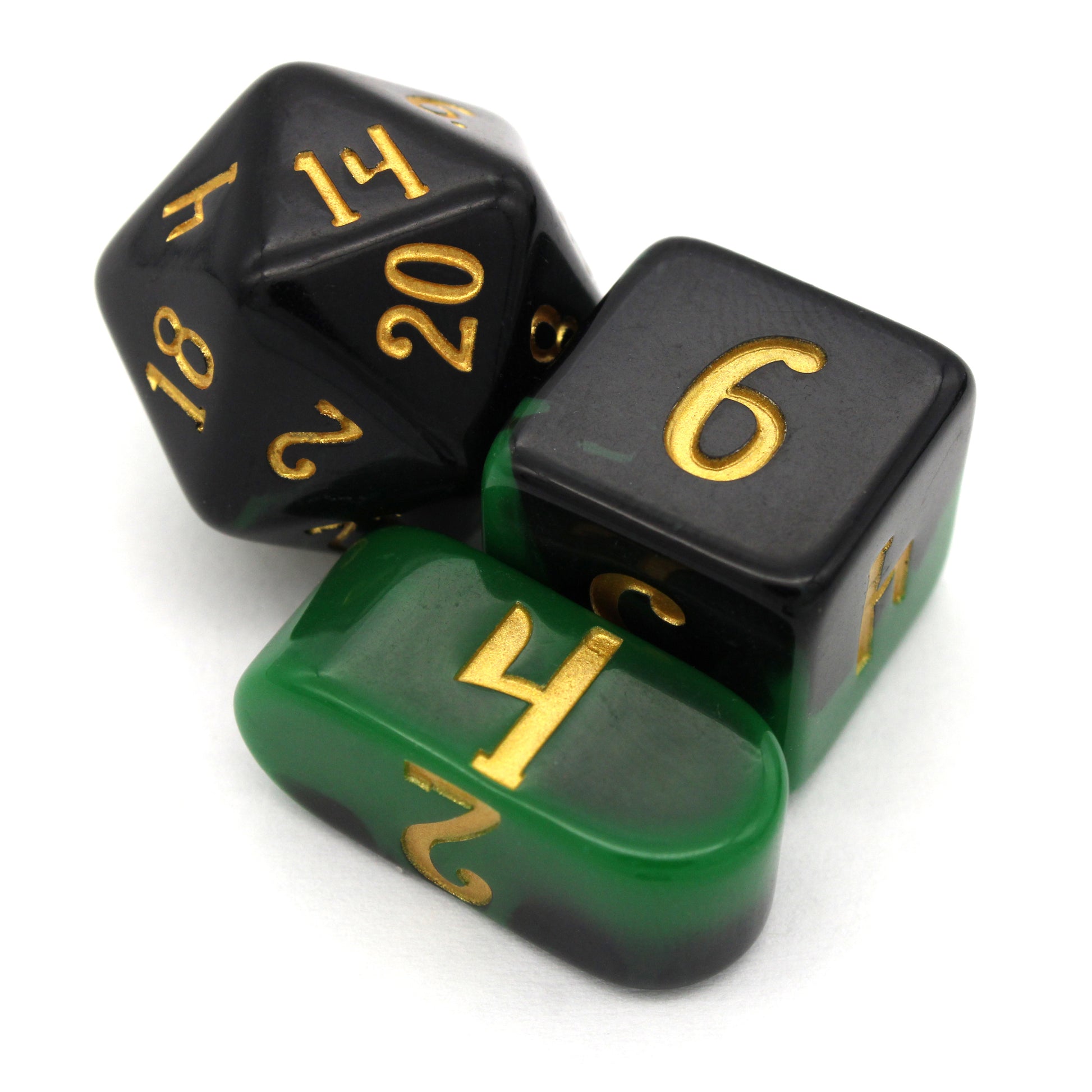 Wicked Game is a 10-piece resin set of green and black layered dice, inked in gold.