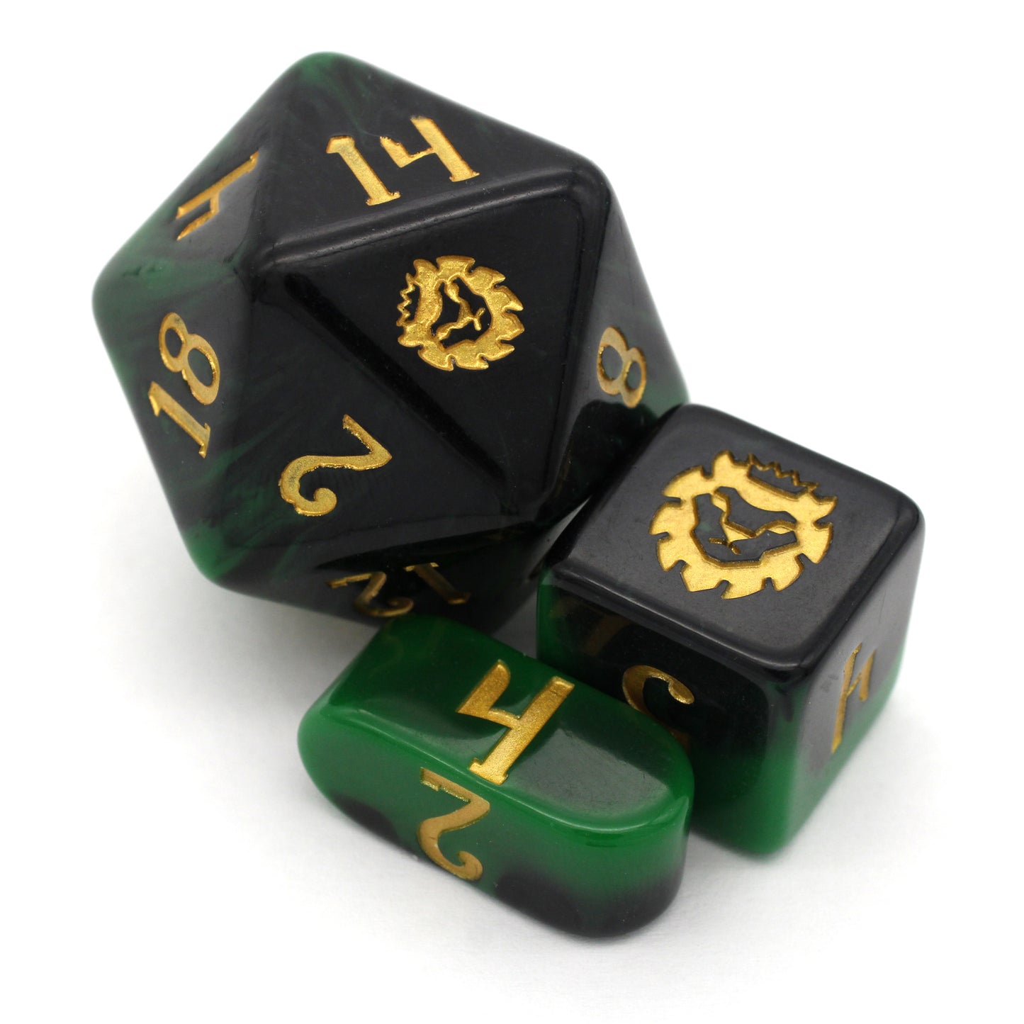 Wicked Game is a 10-piece resin set of green and black layered dice, inked in gold.