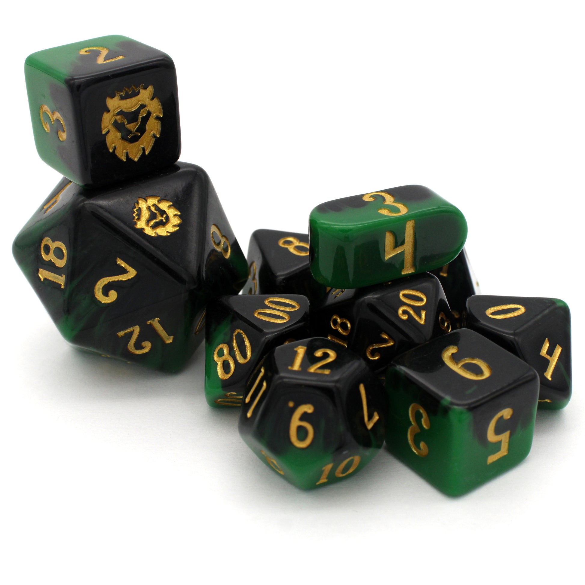 Wicked Game is a 10-piece resin set of green and black layered dice, inked in gold.