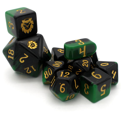 Wicked Game is a 10-piece resin set of green and black layered dice, inked in gold.