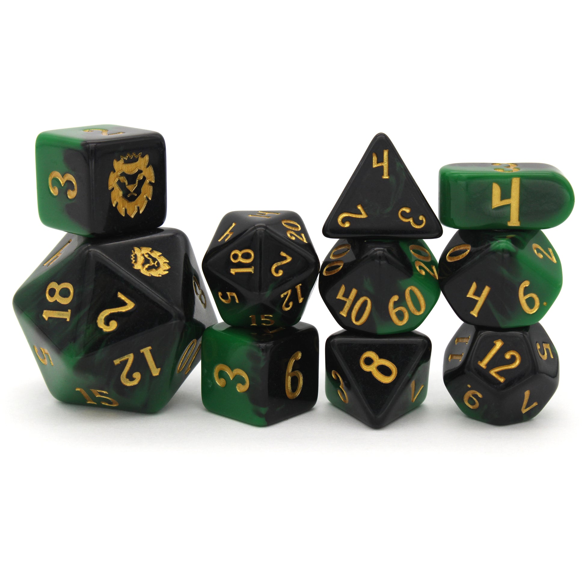 Wicked Game is a 10-piece resin set of green and black layered dice, inked in gold.