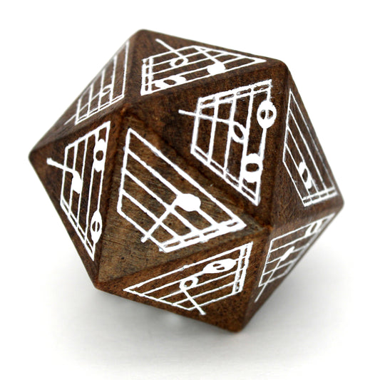 Large wooden d20 with music notes