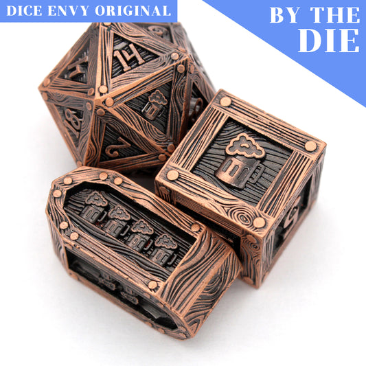 You Meet In A Tavern (by the die) individual dice are aged copper metal dice in our new Crate mold.