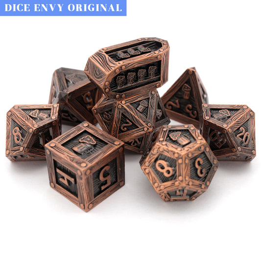 You Meet In A Tavern is a Dice Envy Original 8-piece set of aged copper metal dice in our new Crate mold.